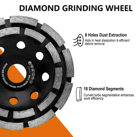 Diamond grinding wheel with 8 holes for dust extraction and 18 diamond segments for the Pro Grade Concrete Grinder And Sander 1500W.