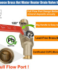 Lead Free Brass Water Heater Drain Valve With Full Port Design Three Quarter Inch MIP To Three Quarter Inch Garden Hose Thread With Ergonomic Handle
