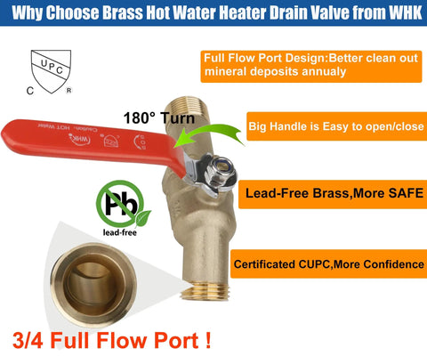 Lead Free Brass Water Heater Drain Valve With Full Port Design Three Quarter Inch MIP To Three Quarter Inch Garden Hose Thread With Ergonomic Handle