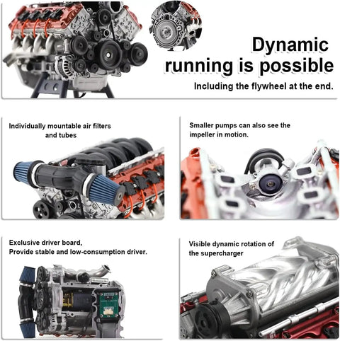 Realistic V8 Engine Model Kit For Adults And RC Gearheads, DIY STEM Engine Build For Desk Display, with air filters and supercharger
