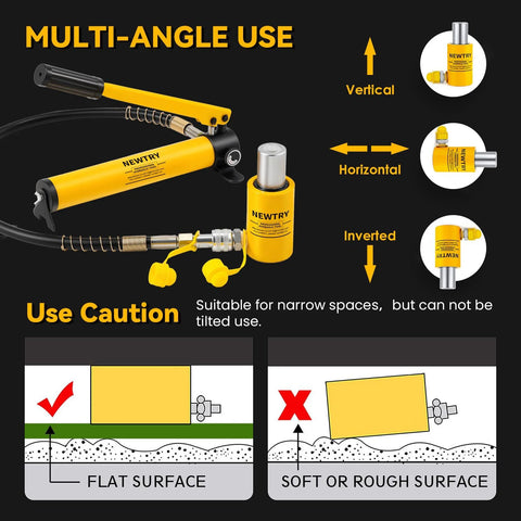 NEWTRY 10-ton hydraulic ram jack with CP-180 hand pump and hose, yellow metal tool