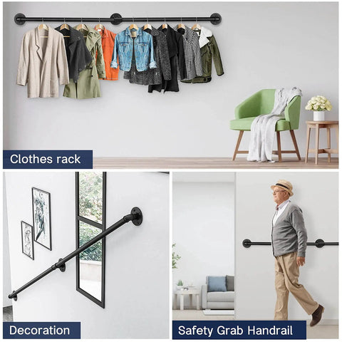 5 Foot Indoor Stair Handrail Kit Matte Black Iron Pipe Railing With Wall Mount Support For Stairs Durable Anti Slip Rust