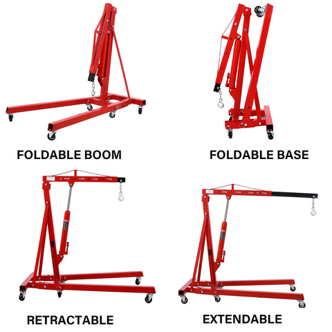 Killer Folding Engine Hoist 2 Ton Capacity With Six Rolling Wheels Cherry Picker Crane mounted on a flat surface with adjustable features.