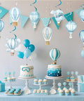 Blue Hot Air Balloon Baby Shower Decorations Kit Featuring 24 Hanging Swirls And Streamers With Cloud And Plane Travel World Theme For Gender Reveal Or Birthday Party Supplies Easy To Install And Wow Guests with cake display and balloons.