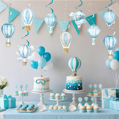 Blue Hot Air Balloon Baby Shower Decorations Kit Featuring 24 Hanging Swirls And Streamers With Cloud And Plane Travel World Theme For Gender Reveal Or Birthday Party Supplies Easy To Install And Wow Guests with cake display and balloons.