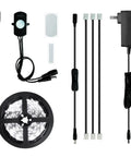 Motion Activated LED Strip Light Kit With Adjustable Time Delay And Lux, 19.7Ft, shown with sensor and adapter components.