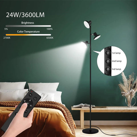 LED Tree Floor Lamp With 3 Adjustable Rotating Heads And Stepless Dimming for Living Room with Remote Control in Bedroom