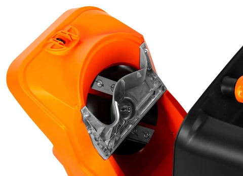 Close-up of blade mechanism of Powerful Electric Wood Chipper And Shredder With 15 Amp Motor For Easy Yard Cleanup.