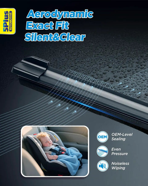 Premium All Weather Windshield Wiper Blades Compatible With Nissan Altima Rogue Sentra Versa Pathfinder Durable Natural Rubber Design Includes Microfiber Car Wash Towel For Clear Sightlines And Road Ready Performance, shown with water droplets.