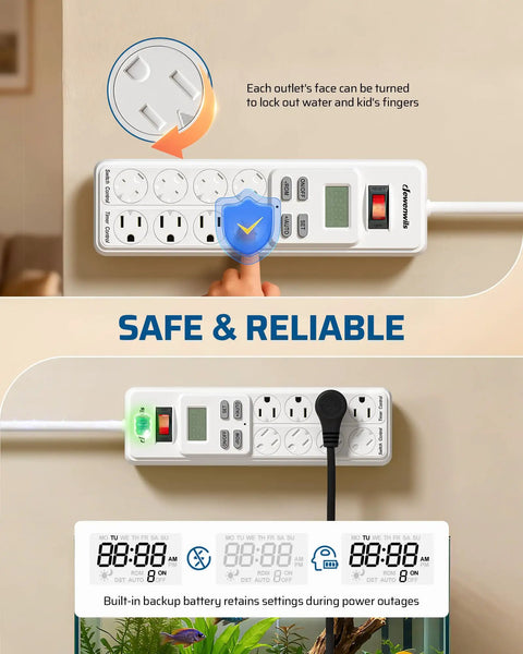 8-Outlet Power Strip With Timer And Auto On Off For Reptile Lighting showing digital timer and protective covers
