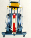 Heavy Duty 12 Ton Hydraulic Engine Hoist Cherry Picker Crane view showing red extended ram, solid steel frame and lifting chains.