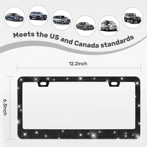 Two Pack Bling License Plate Frames With Rhinestone Diamonds Sparkly Diamond Car Plate Cover For Women, showing size and fit for US standard plates.