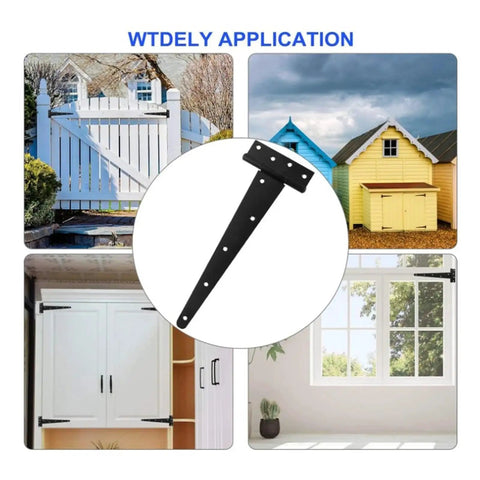 Beefy Heavy Duty T Shape Door Hinges With Screws 2 Inch Black Iron Wrought Hardware For Barn Shed Cabinets shown in use