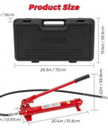 10 Ton Porta Power Hydraulic Jack Kit With 4.6 Ft Oil Hose And Storage Case For Auto Body Frame Repair Heavy Duty Truck Garage Equipment High Capacity dimensions with case, hydraulic pump and hose shown