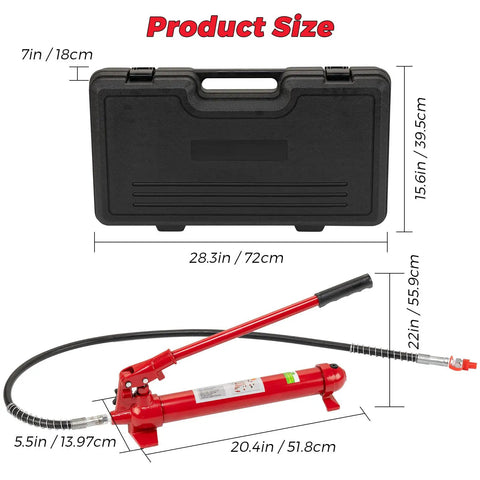 10 Ton Porta Power Hydraulic Jack Kit With 4.6 Ft Oil Hose And Storage Case For Auto Body Frame Repair Heavy Duty Truck Garage Equipment High Capacity dimensions with case, hydraulic pump and hose shown