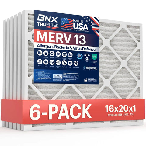 Six Pack 16X20X1 MERV 13 Air Filter For HVAC Systems Made In USA Electrostatic Pleated Filter packaging