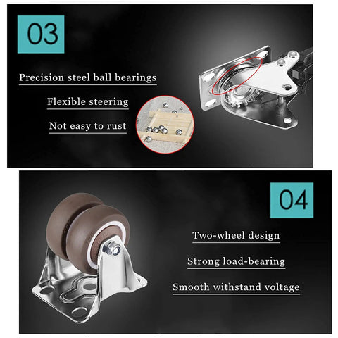 Heavy Duty Caster Wheels With Lockable Bearings For Furniture And Industrial Trolleys showing steel ball bearings and two-wheel design.