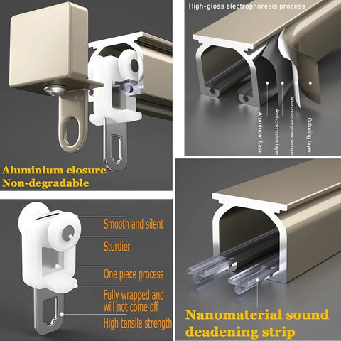 Heavy Duty Black Ceiling Mount Curtain Track With Dead Silent Glide Wheels And Reinforced Aluminum Guide Rail close-up of components and materials.