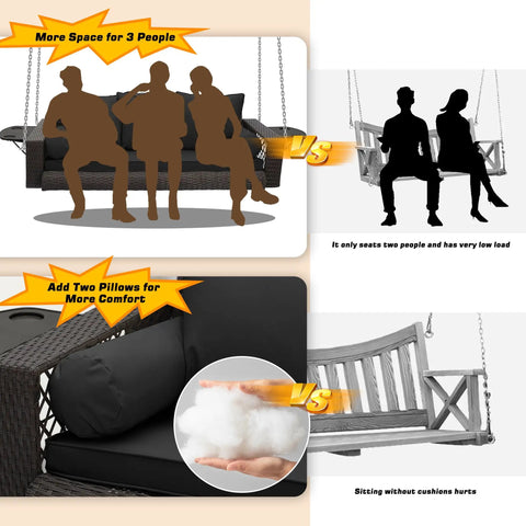 Comparison of 3 Person Porch Swing Bench Wicker Outdoor Hanging Chair with cushioned rattan vs wooden bench without cushions