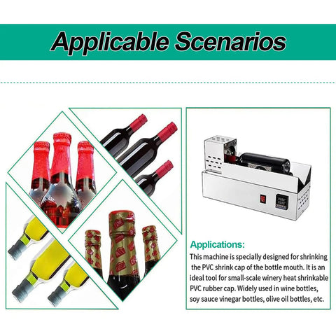 Heavy Duty Electric Wine Bottle Cap Shrinker Machine Stainless Steel Heat Sealer With Digital Thermostat For Precise 150 To 170 Degree Capsule Closing and various bottle types.
