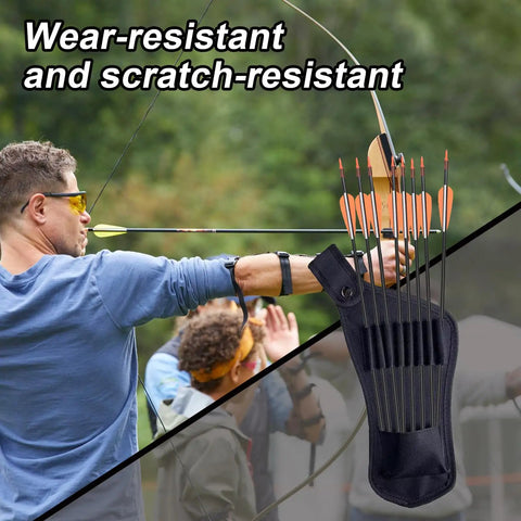 Archery setup with Eight-Hole Crossbow Bolts Quiver With Hip Waist Pocket, Durable Oxford Fabric Arrow Holder, organized for heavy use.