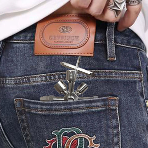 All In One 10 In 1 Carbon Steel Portable Screwdriver And Wrench Kit in a back pocket of jeans