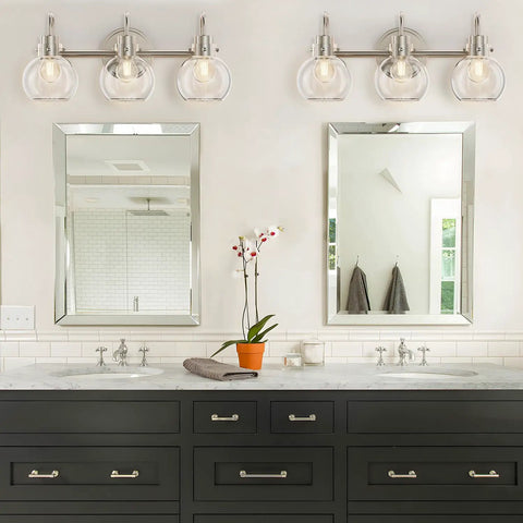 3 Bulb Brushed Nickel Wall Sconce With Clear Globe Glass Shade Totally Straight Fire Farmhouse Lighting Fixture For Bathroom Mirror And Kitchen E26 Socket Base Legit over elegant black vanity with mirrors.