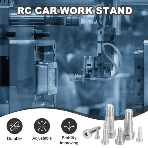 RC car work stand with various bolts, including 26 Piece 304 Stainless Steel Shoulder Bolt Set, 5mm Shoulder Diameter.