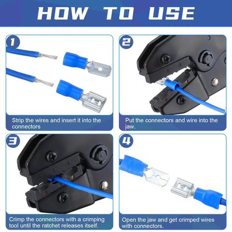 Instructions for using 1200 Pcs Cold Shrink Insulated Electrical Wire Connectors Kit with crimping tool and wire connections