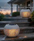Outdoor Solar Table Lights With Dancing Flickering Flame Dope Style Waterproof White Metal Lantern illuminating on steps