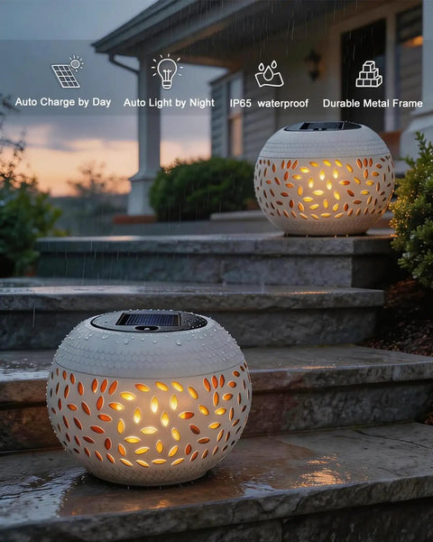 Outdoor Solar Table Lights With Dancing Flickering Flame Dope Style Waterproof White Metal Lantern illuminating on steps