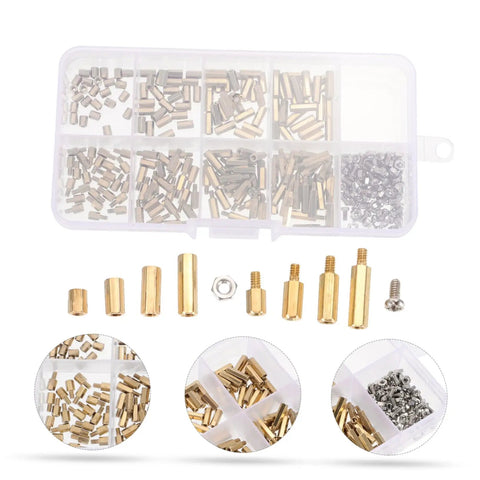 Built Different M2 Screw Assortment Kit With Nickel Plated Iron Fasteners And Copper Standoff Spacers For Heavy Duty Assembly Projects Featuring Durable Threaded Pillars In A Solid Storage Case, showcasing brass spacers and plated iron screws.