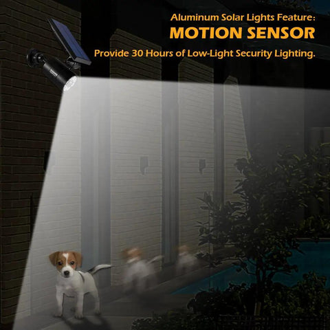 Outdoor Solar Motion Spotlight Black Aluminum Floodlight illuminating garden path with motion sensor detection at night