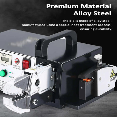Heavy Duty Three In One Electric Terminal Crimping Machine With Foot Switch And Seven Dies For Stripping Cutting Copper Wire High Output showing alloy steel die and control panel.
