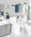 Matte Black 4-Piece Wall Mounted Bathroom Hardware Set With 18-Inch Towel Bar, Towel Ring, Toilet Paper Holder And Robe Hook Made From SUS304 Stainless Steel, Sleek Modern Finish For A Slick, Functional Bath Upgrade installed in a modern bathroom