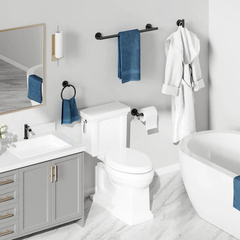 Matte Black 4-Piece Wall Mounted Bathroom Hardware Set With 18-Inch Towel Bar, Towel Ring, Toilet Paper Holder And Robe Hook Made From SUS304 Stainless Steel, Sleek Modern Finish For A Slick, Functional Bath Upgrade installed in a modern bathroom