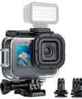 GoPro Hero 9 10 11 12 13 Waterproof Case, 196 Ft Depth Dive Housing with LED light and tripod adapters, shown with snorkeling turtle.