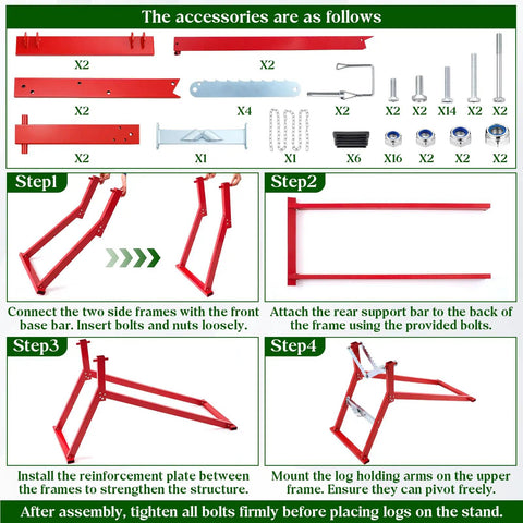Heavy Duty Steel Log Cutting Stand Folds Flat Saves Garage Space assembly guide with red frames and parts labeled.