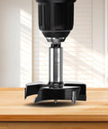 Top Shelf 35mm Carbide Forstner Drill Bit With Triple Flute Design mounted on drill, highlighting sharp edges for hardwood boring.