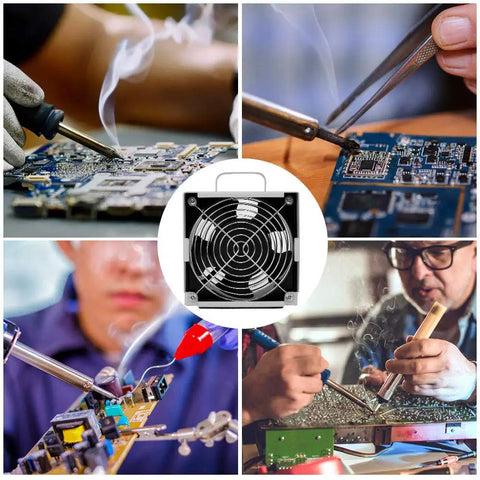 Collage showing Soldering Smoke Absorber With Carbon Filter Fume Extractor Fan For DIY desoldering and rework station capturing fumes
