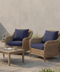 Outdoor Cushion Set For Deep Seating 24 By 24 By 3.5 Inches Lounge Ready Water Resistant And Fade Resistant With Removable Covers And Ties Includes Two Seat Cushions And Two Back Cushions Blue in wicker chairs on patio
