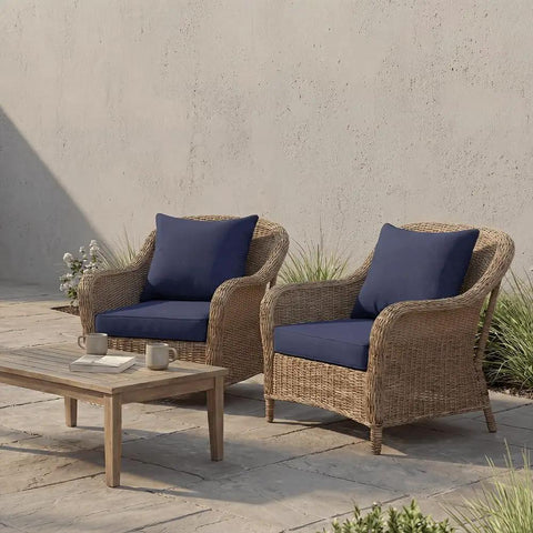 Outdoor Cushion Set For Deep Seating 24 By 24 By 3.5 Inches Lounge Ready Water Resistant And Fade Resistant With Removable Covers And Ties Includes Two Seat Cushions And Two Back Cushions Blue in wicker chairs on patio
