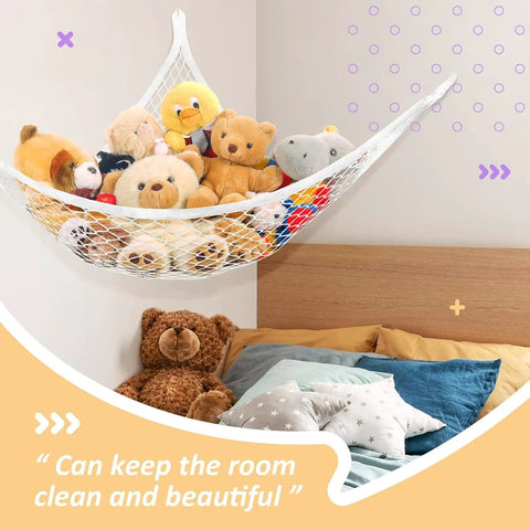 Stuffed Animal Net Hammock for Plush Toys, Corner Organizer for Kids Room Decor, filled with toys above a child's bed.