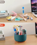 Five Slot Rotating Desk Pen And Pencil Holder With 360 Degree Spin Grab And Go Desktop Storage Organizer in use, dark green