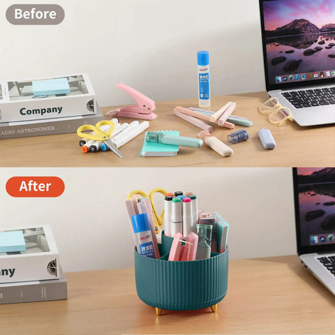 Five Slot Rotating Desk Pen And Pencil Holder With 360 Degree Spin Grab And Go Desktop Storage Organizer in use, dark green