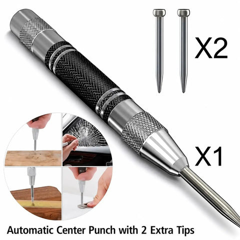Automatic Center Punch With 2 Extra Tips, 5 Inch Heavy Duty Steel Spring Loaded Tool shown with adjustable tension applications.