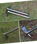 Two In One Stainless Steel Garden Hoe And Pickaxe Tool on grass, lightweight and durable hand tool for planting and weeding