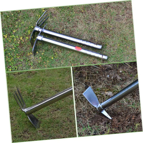 Stainless Steel Do It All Double Ended Hoe Garden Tool For Weeding And Edging on grass, showing dual blades for versatility