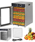 Sleek Electric Food Dehydrator With 12 Stainless Steel Trays And 1200 Watt Motor showing fruit on trays and a clear view door.