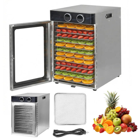 Sleek Electric Food Dehydrator With 12 Stainless Steel Trays And 1200 Watt Motor showing fruit on trays and a clear view door.